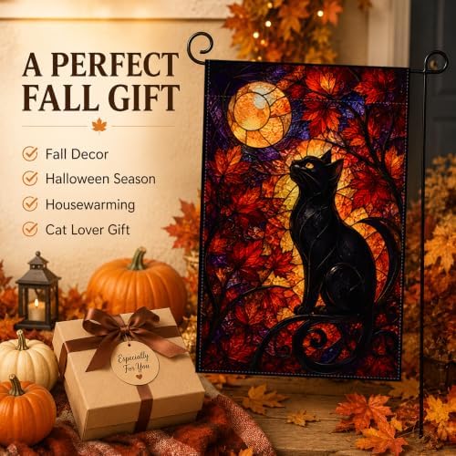 Fall Decor - Stained Glass Black Cat Moon Fall Thanksgiving Garden Flag