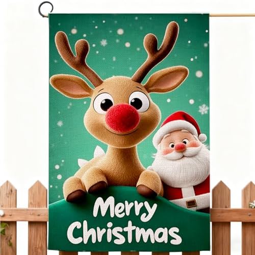 Merry Christmas Garden Flag 12x18 Inch Double Sided Outside,Santa Deer Xmas Happy Holiday Season Yard Flags,Burlap Welcome Small Garden Flags Vertical Banner for Outdoor Decoration