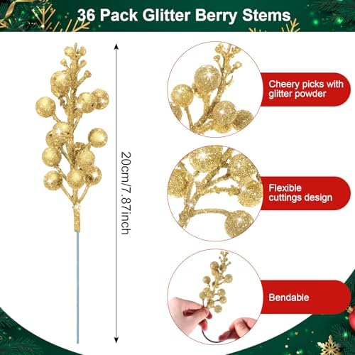 Geosar 36 Pcs Christmas Glittered Berries Stems, Gold