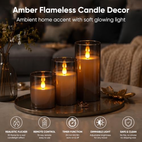 Homemory Gray Flameless Candles, Battery Operated Acrylic LED Pillar Candles with Remote Timer, Realistic Flickering Fake Candles for Home Decor, Wedding, Party, Halloween Decorations, Set of 3