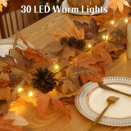 6 Ft Fall Garland with Lights & Timer, Thanksgiving Fireplace Mantel Decor