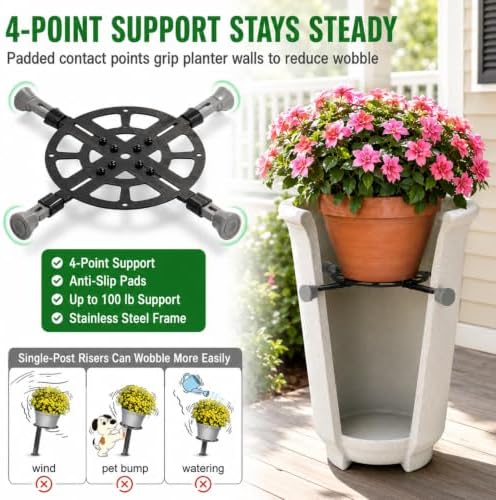 Plant Riser for Tall Planters, 10-14” Adjustable 4-Point Support, 2 Pack