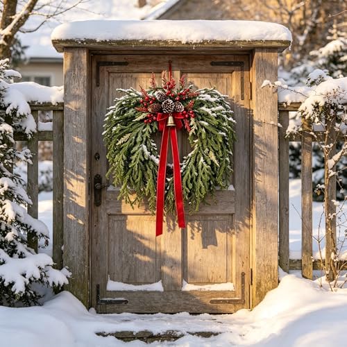 Christmas Wreath for Front Door - Artificial Cedar Winter Wreath with Red Velvet Bow, Golden Bell, Pinecones & Red Berries, Farmhouse Holiday Wreath for Indoor Outdoor Christmas Decorations