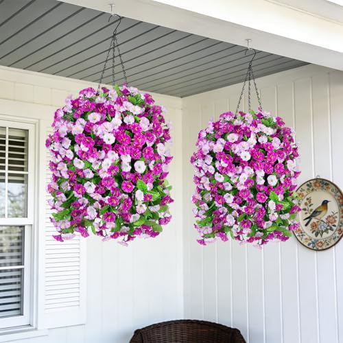 Artificial Flowers with Hanging Basket, Outdoor Faux Plants UV Resistant