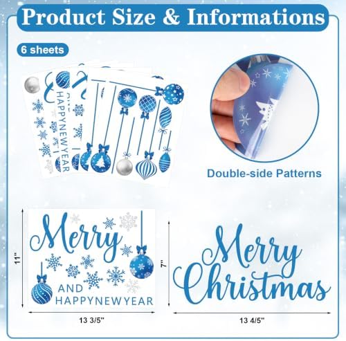 Blue Merry Christmas Window Clings Decorations Xmas Ball Cling Set 6 Sheets