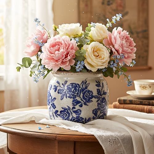 5.9'' Vintage Ceramic Planter, Ice Crack Glaze Blue Rose