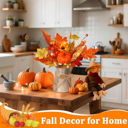 [Light & Timer] Fall Decor Table Centerpiece Rustic Metal Milk Jug with Artificial Orange Maple Tree Pumpkin Sunflower Wheat, Fall Floral Arrangement Decoration for Home Kitchen Autumn Thanksgiving