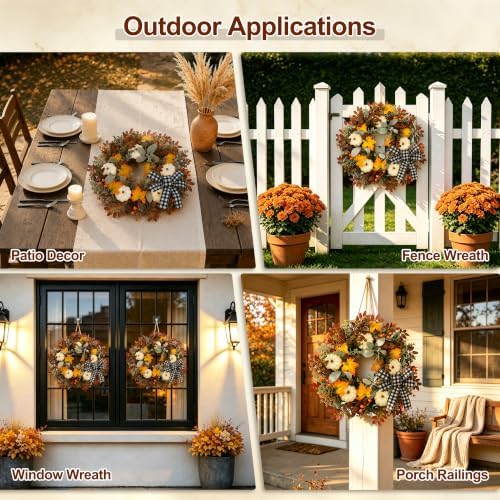 24" Fall Wreaths for Front Door Outside Pumpkin Autumn Wreath