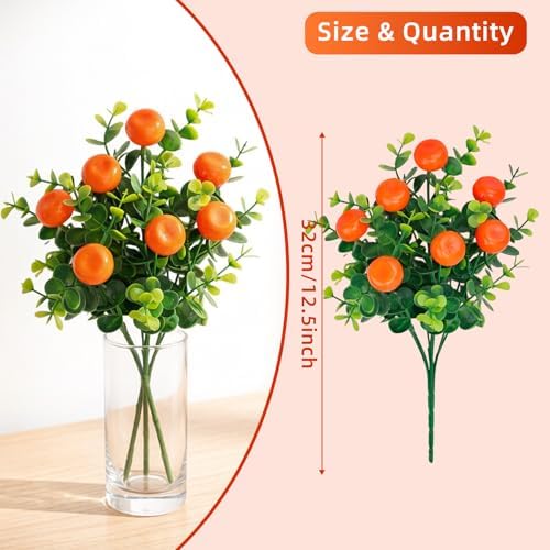 6 Pcs Artificial Orange Branches, 12.6 Inch Faux Fruit Stems with Fake Tangerines and Green Leaves, Lifelike Floral Picks for Home Kitchen Decor, Summer Vase Fillers Seasonal Centerpiece