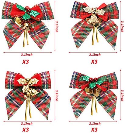 YBB 12Pcs Christmas Red Green Plaid Tree Bows with Jingle Bells