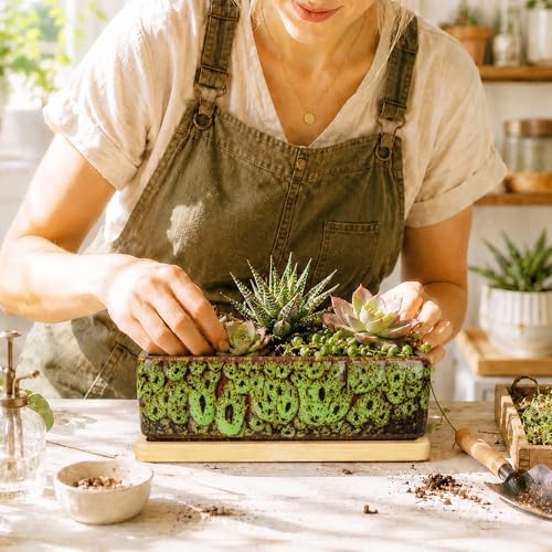 Succulent Pots, 7'' Large Long Rectangle Planters with Drainage Tray