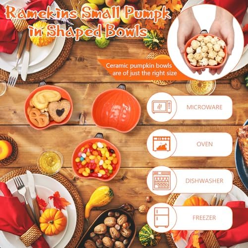 10 Pcs Fall Ramekins 6 oz Oven Safe Pumpkin Ceramic Ramekins Small Creme Dishes Dipping Pumpkins Baking Dish Thanksgiving Pumpkin Shaped Bowl Plates for Kitchen Party Snack Serving Dip Sauce Condiments