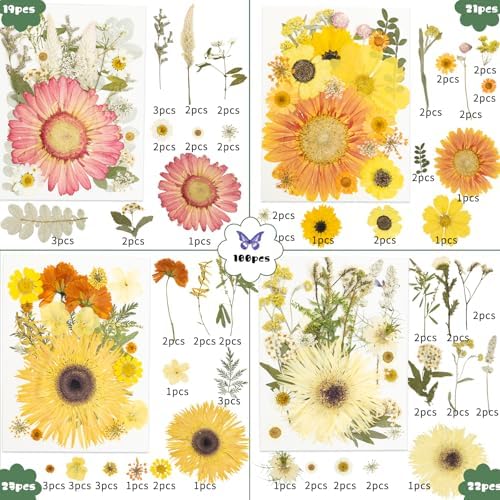 188 Pcs Dried Pressed Flowers for Resin Crafts, Real Natural Pressed Flowers and Leaves Kit Butterfly Stickers Vacuum Sealed Dry Flowers for DIY Epoxy Resin Jewelry Molds, Candle Soap Making, Nail Art
