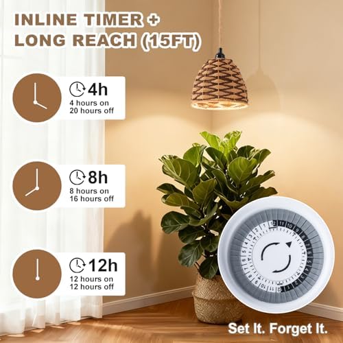 grow lights for indoor plants, full spectrum, automatic timer and 15FT power cord, 30W hanging growth lamp, 4000K plant light used for planting large tall plants, Ficus microcarpa, flowers, greenhouse
