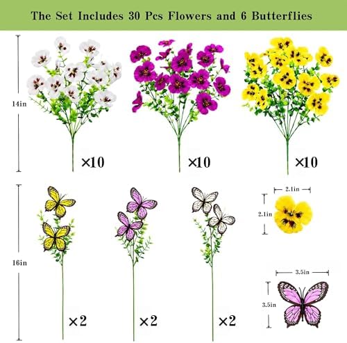 Geegoods 36 Stems Artificial Pansies Flowers for Outdoor