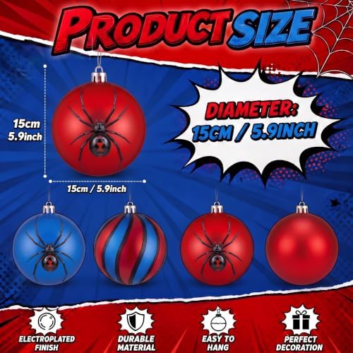 Tigeen 4 Pcs 6'' Large Spiderweb Themed Christmas Ball Ornament Decoration