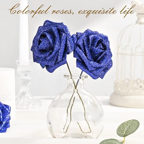 BLEUM CADE 16Pcs Artificial Flowers Glitter Roses with Stems for Wedding