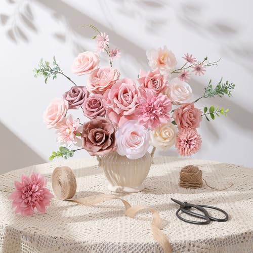 Floweroyal Artificial Flowers Fake Rose Flowers Dahlia with Stems for DIY Wedding Bridal Bouquets, Baby Shower, Floral Arrangement, Table Centerpieces, Home Decorations