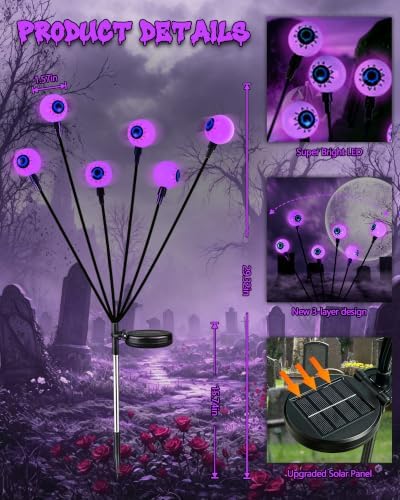 Solar Halloween Decorations Outdoor 6 Pack 36 LED Purple Eyeball Lights