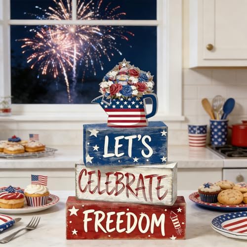4th of July Table Decorations Patriotic Memorial Day Tiered Tray Decor Wooden Freedom Block Signs Independence Farmhouse 250th July Fouth Centerpiece for Tables Wooden Sign for Home Decor