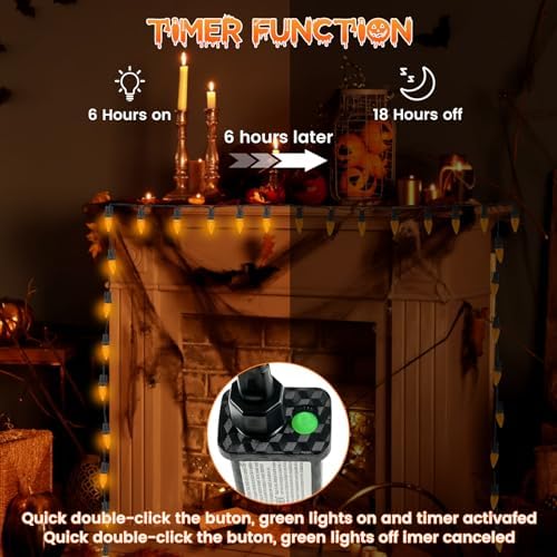 2 Pack Connectable C6 Halloween String Lights Outdoor 200 LED 66 FT Orange