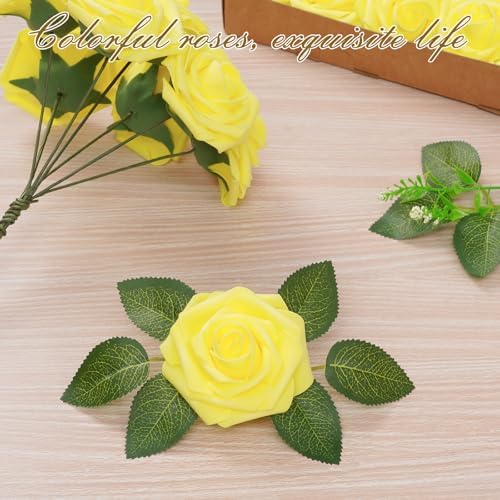 BLEUM CADE 16Pcs Artificial Flowers Fake Foam Roses with Stems for Wedding