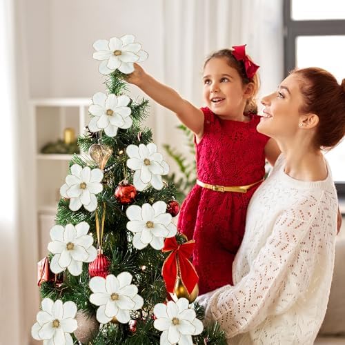 Sggvecsy 10Pcs Christmas Glitter Flowers Velvet Magnolia Flower Christmas Tree Ornaments Artificial Poinsettia Floral Picks for Xmas Wedding DIY Crafts Wreath Party Floral Decorations(White)