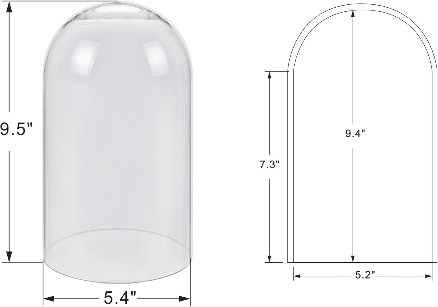 10" Tall Clear Glass Display Cloche, Dome Shape for Terrarium, Plants, Trinkets, Cakes, Figurines, LED Light String
