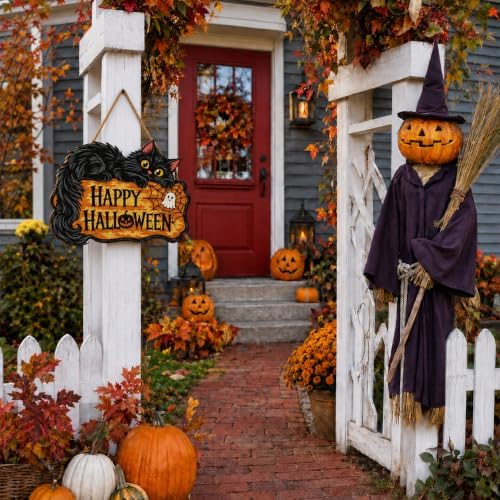 Halloween Door Sign, Wooden Black Cat Happy Halloween Hanging Wreath Plaque