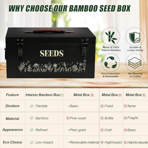 Large Seed Storage Organizer Box with Handle, Bamboo Seed Packet Storage