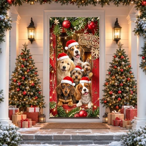 Christmas Door Banner 35.43 x 70.87 inches, pet-themed door cover, perfect for front doors and porch entrances, seasonal Christmas welcome decoration