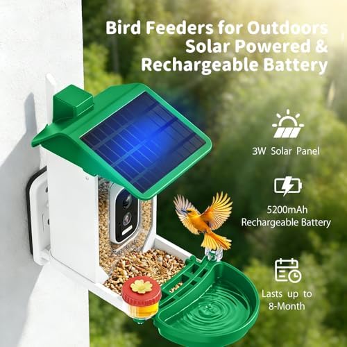 Bird Feeder with Camera, Upgraded Model, 4K UHD AI Bird Camera, Instant Arrival Alerts, Solar Powered, 5200mAh Rechargeable Battery, IP66 Waterproof Outdoor, Gift for Bird Lovers, Green