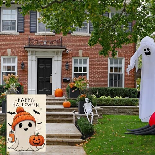 Halloween Ghost Garden Flag 12x18 Vertical Double Holiday Outside Decorations Burlap Yard Flag Spooky Pumpkin Seasonal Holiday Flag Farmhouse Yard Outdoor Flag Seasonal Welcome Yard Outdoor Flag Outdoor Decoration