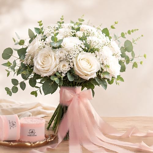 DORIS HOME Handmade Frayed Fringe Chiffon Ribbon 1" x 21Yd Blush Pink
