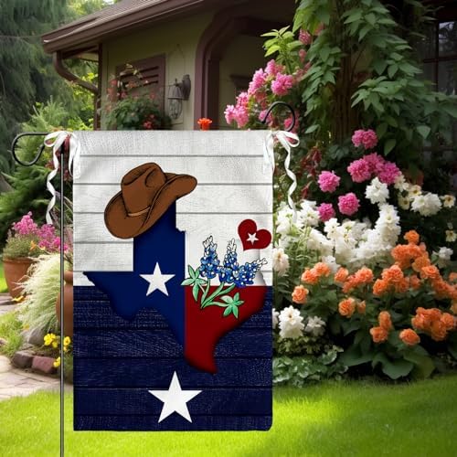 Texas Bluebonnet Garden Flag 12 x 18 Inch Texas Cowboy Hat Yard Flags Western Flags Double Sided Banners for Outdoor Yard Decor Souvenirs Gifts