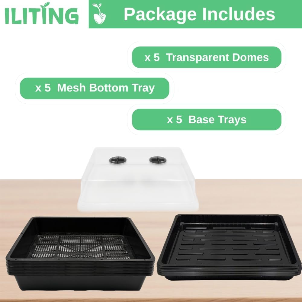 Soil Blocking Trays 5-Set 15x12inch Mesh Trays Flat Plant Tray with Humidity Domes, Nursery Supply for Microgreen, Seed