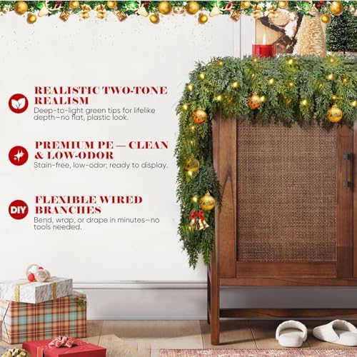 6FT Cedar Christmas Garland with Light, Extra Full Artificial Cedar Garland with 840 Tips, LED Lights with 8 Modes, Holiday Garland for Mantel, Staircase, Doorway