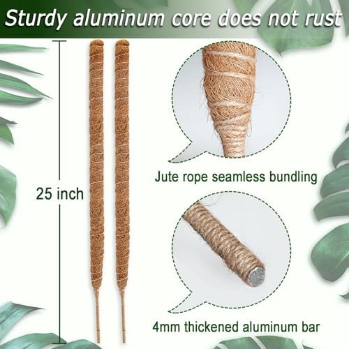 2 Pack 25" Moss Pole, Bendable Moss Pole for Plants Monstera, Moss Poles for Climbing Plants Indoor, Handmade Coco Coir Plant Pole Sticks Support Stakes for Potted Plants