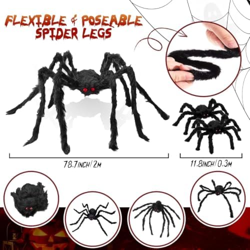 Giant Spider 6.6 Ft + 0.98 Ft*2, Halloween Decorations 78" Fake Halloween Decor Spiders Large, Furry Spiders for Outdoor Indoor Yard Home Costumes Party House Décor, 3 Packs