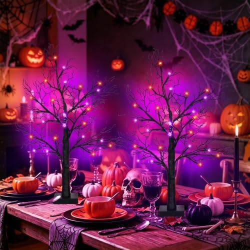 [Timer] 2 Pack Halloween Decorations Indoor, 24 Inch Lighted Black Halloween Tree with 24 Orange & Purple Lights, USB or Battery Powered Spooky Tabletop Tree for Home, Party, Fireplace & Holiday Decor