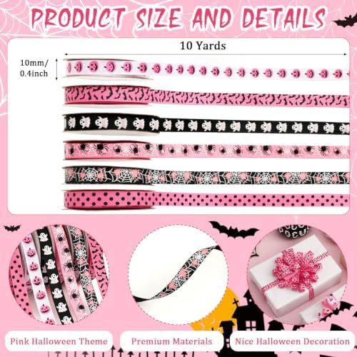 DECYOOL Pink Halloween Ribbon, 6 Rolls 60 Yards Spooky Grosgrain Ribbons