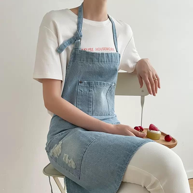 Denim Apron with Big Pockets Adjustable Cooking Apron Jean for Hair Stylist Gardening Craftsmen Barista Hairdresser