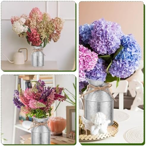 6 Pcs Farmhouse Metal Flower Vase Decor, 5.3 Inch Galvanized Milk Can Jug Vase with Twine Bow Rustic Flower Buckets for Centerpieces Floral Display Table Home Wedding Festival DIY Decorations