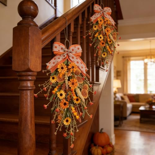 20 Inch Fall Teardrop Swags for Front Door, Autumn Swag with Daisies,Sunflowers, Fall Leaves, Burlap Bow, Fall Door Swag for Porch, Window, Mantel, Thanksgiving Farmhouse Decor