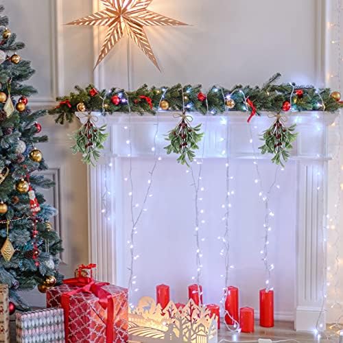 9.1inch Artificial Hanging Mistletoe, Artificial Mistletoe Picks Christmas Mistletoe Ornament with White Bow, Mistletoe Glitter Hanging for Couple Home Party Decor(#2)