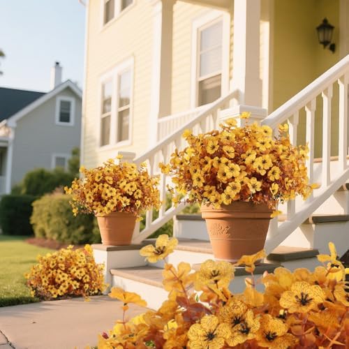 RECUTMS 12 Bundles Faux Mums Fake Fall Flowers Artificial Outdoor Plants