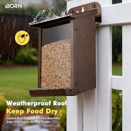 iBorn Bird Feeder for Outdoors, Wall Mounted Bird Feeder Weatherproof Metal Roof, Heavy Duty Metal Birdfeeder for Tree, Fence, Wall Screwed-in Mounting, All Detachable Easy Clean,1.3Lbs, Coffee