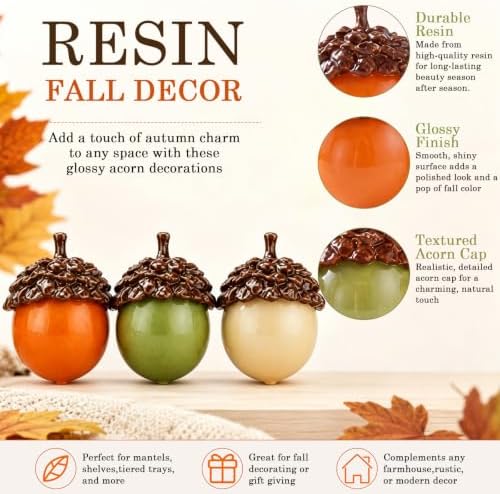 RattanView 3 Piece Large Fall Resin Acorns Decor, 3.15" Acorn Ornaments