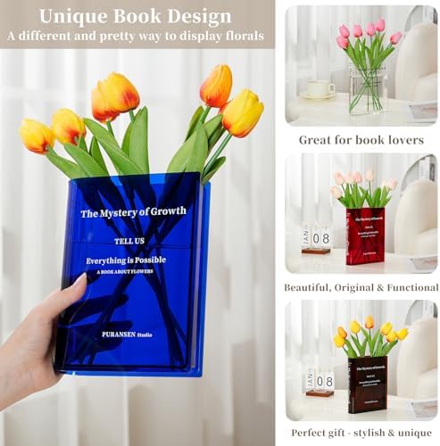 Puransen Clear Book-Shaped Vase for Centerpiece Home Indoor Desk Decor，Blue