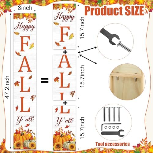 47" Fall Wooden Porch Sign Happy Fall Y' All Front Door Welcome Sign Pumpkin Maple Leaf Standing Sign Vertical Wooden Hanging Decor for Thanksgiving Garden Home Yard Farmhouse Autumn Decorations
